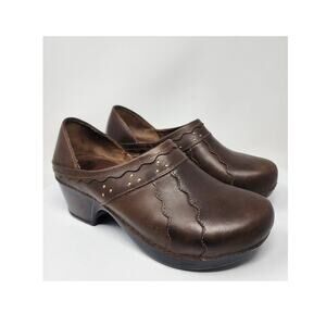 Dansko Hailey Heeled Clogs Women EU41/US10.5-11 Brown Leather Scalloped Studded